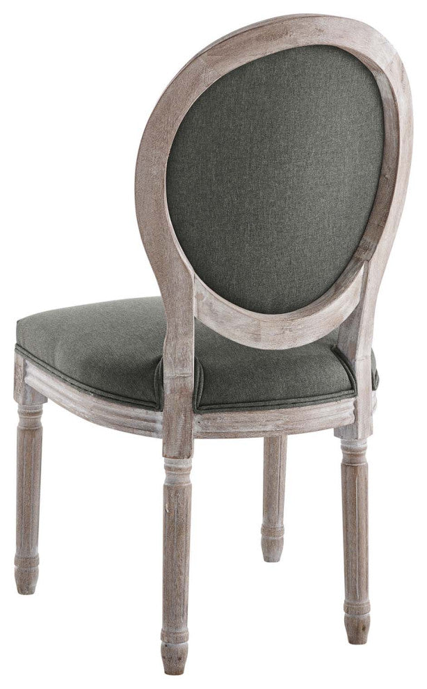 French Vintage Side Dining Chair, Fabric, Wood, Brown Natural Gray, Modern