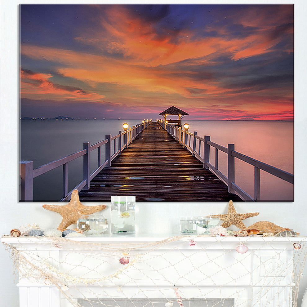 "Dark Seashore Pier Under Colorful Sky" Sea Pier Wall Art Canvas Print, 32"x16"