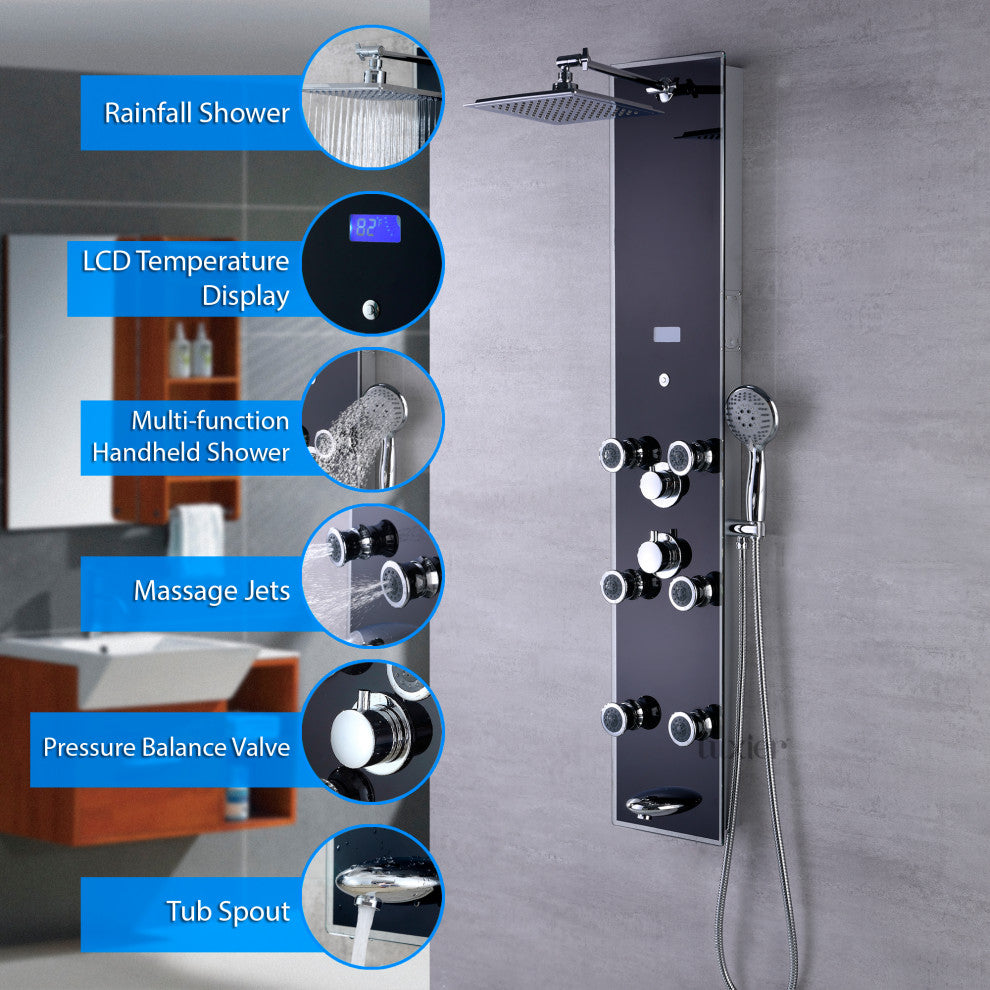 Luxier 51" 6-Jet Shower Panel With Rainfall Shower Head Hand Shower, Black