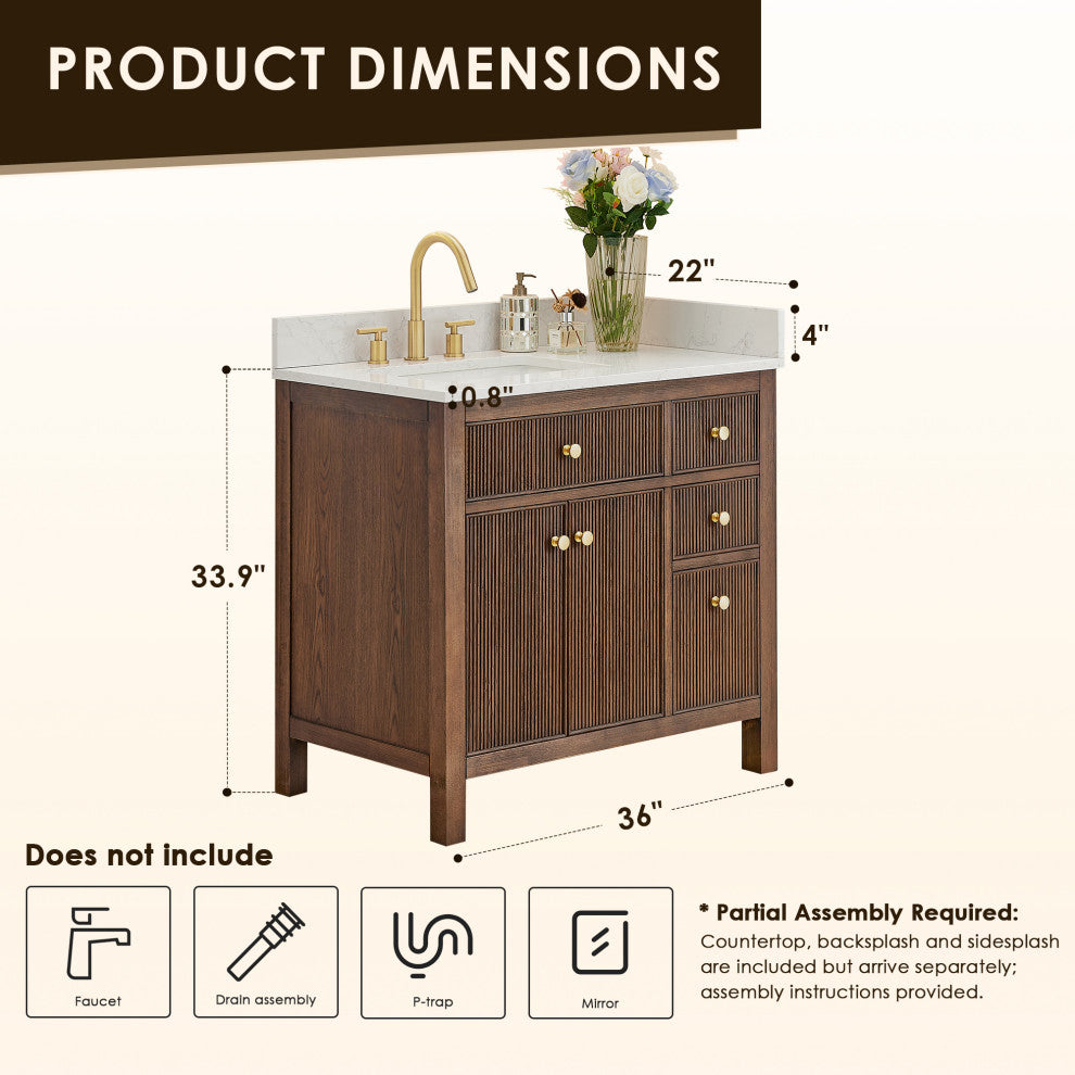 Cerrito Bathroom Vanity, Brown Brushed Oak, 36" Single, Without Mirror