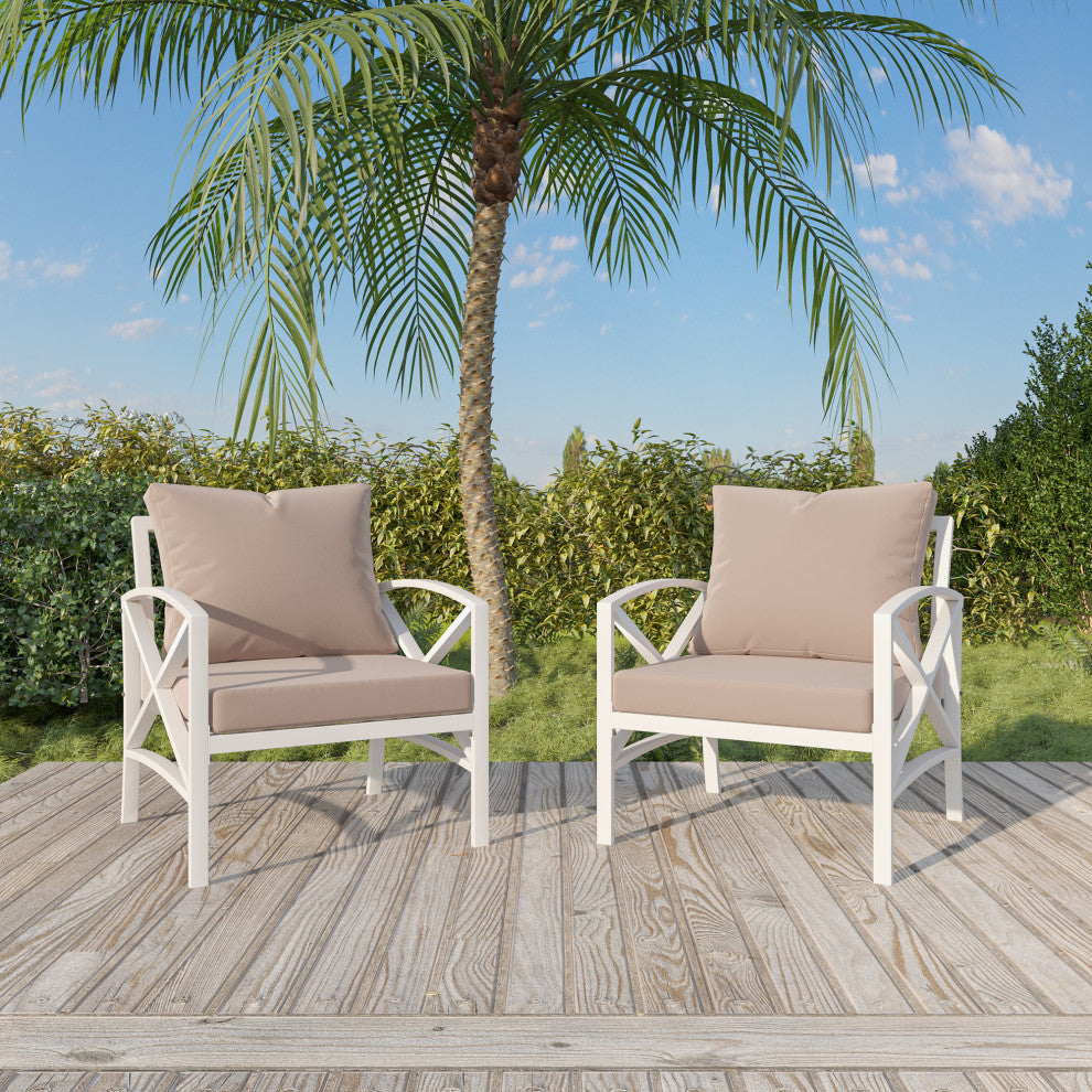 2 pieces Outdoor Patio Metal Armchair Seat With Cushions, Khaki