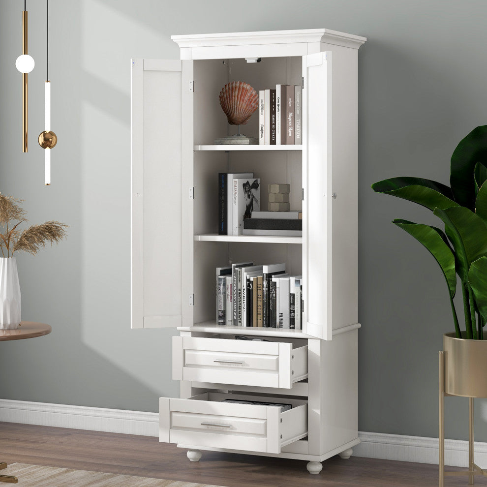 70" Wood 2-door Bath Cabinet, Adjustable Shelves, White