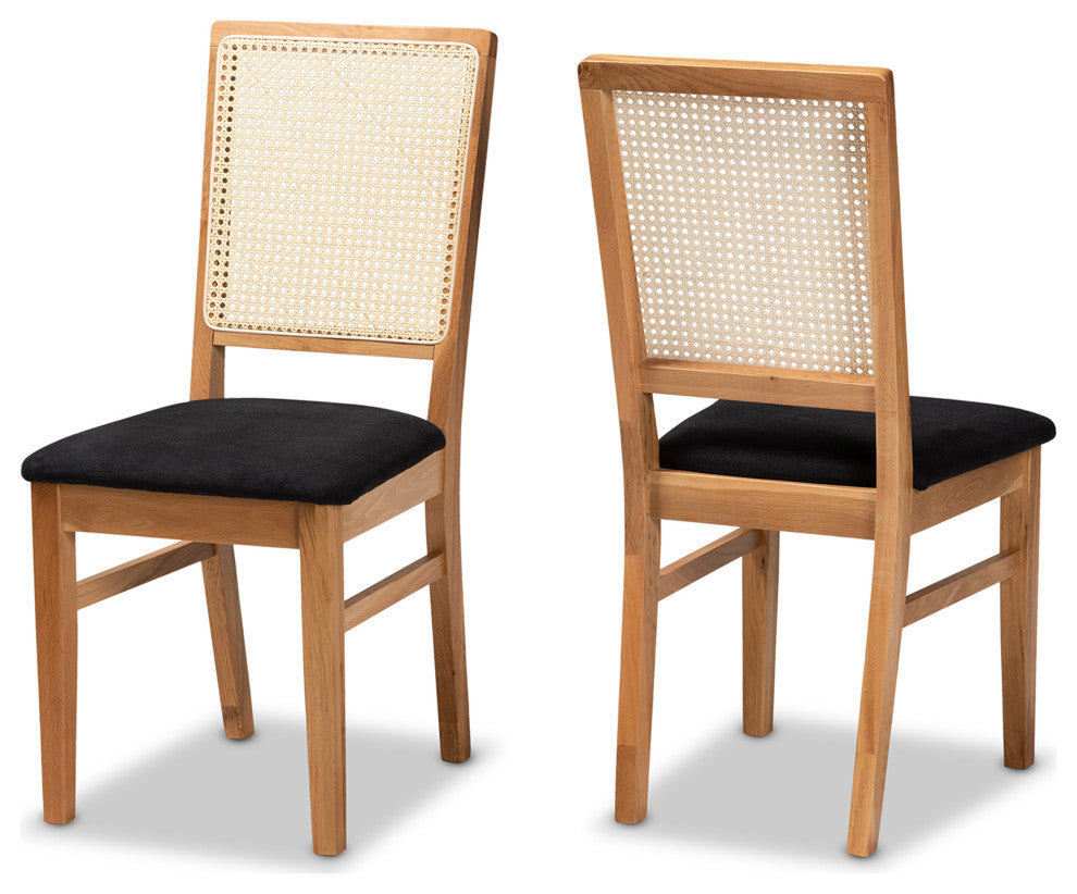 Ayala Mid-Century Black Fabric Upholstered Rattan Dining Chair, Set of 2