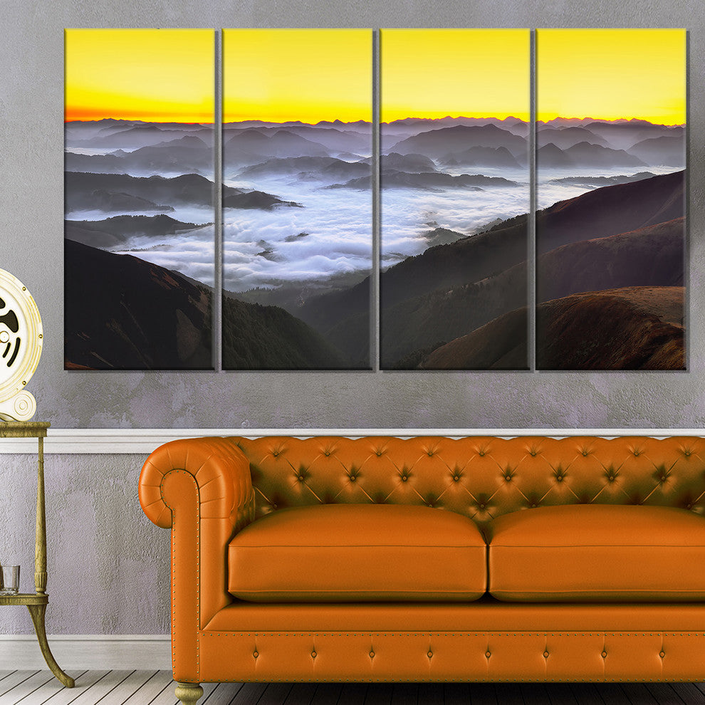 "Foggy Sunrise Over Mountains" Landscape Wall Art Wall Art, 4 Panels, 48"x28"