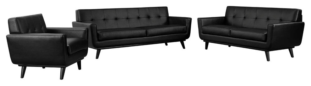 Modern Black Engage 3 Piece Leather Living Room Set