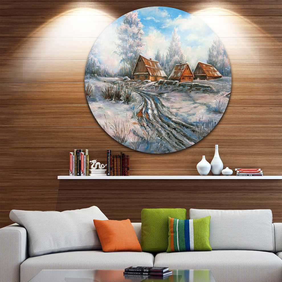 Snow Village, Landscape Round Metal Wall Art, 11"