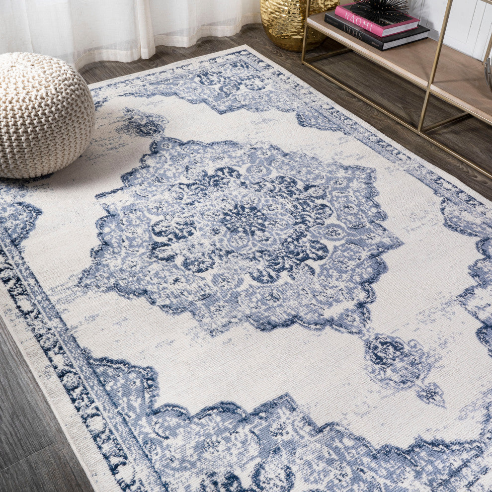Alhambra Ornate Medallion Modern Runner Rug, Light Blue/Ivory, 5x8