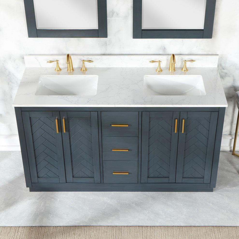 Gazsi Charcoal Blue Bathroom Vanity Set, 60", With Mirror