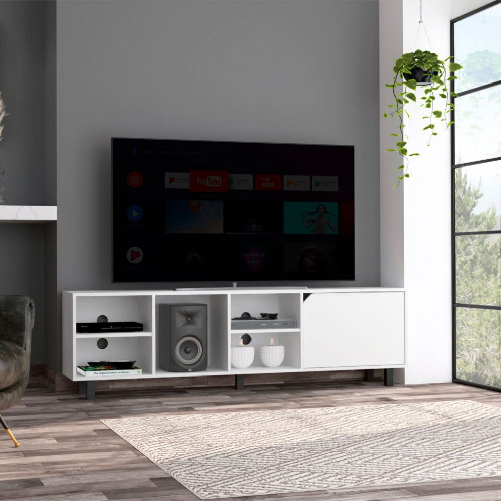 Native TV Stand for TVs up 70" with 5 Open Shelves, Cabinet, and 5 Legs, White