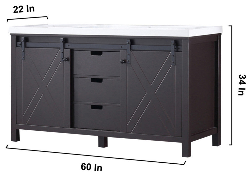 Marsyas 60" Brown Double Vintage Bathroom Vanity Cabinet Quartz Top Square Sinks