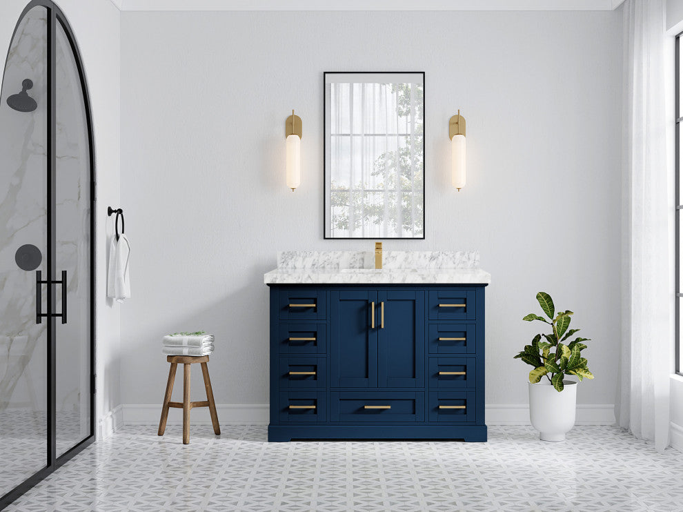 Boston 48 Single Sink Bath Vanity in Navy Blue 2" Carrara Marble
