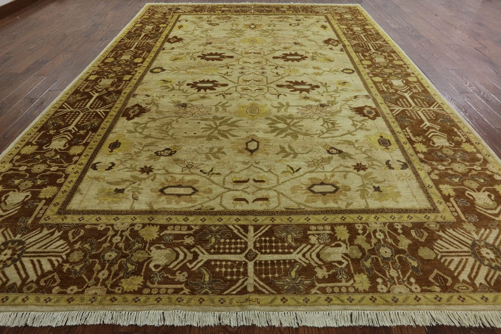 Antique Signed Oriental Peshawar Ivory Hand-Knotted Oushak Wool Rug, 10'x14'
