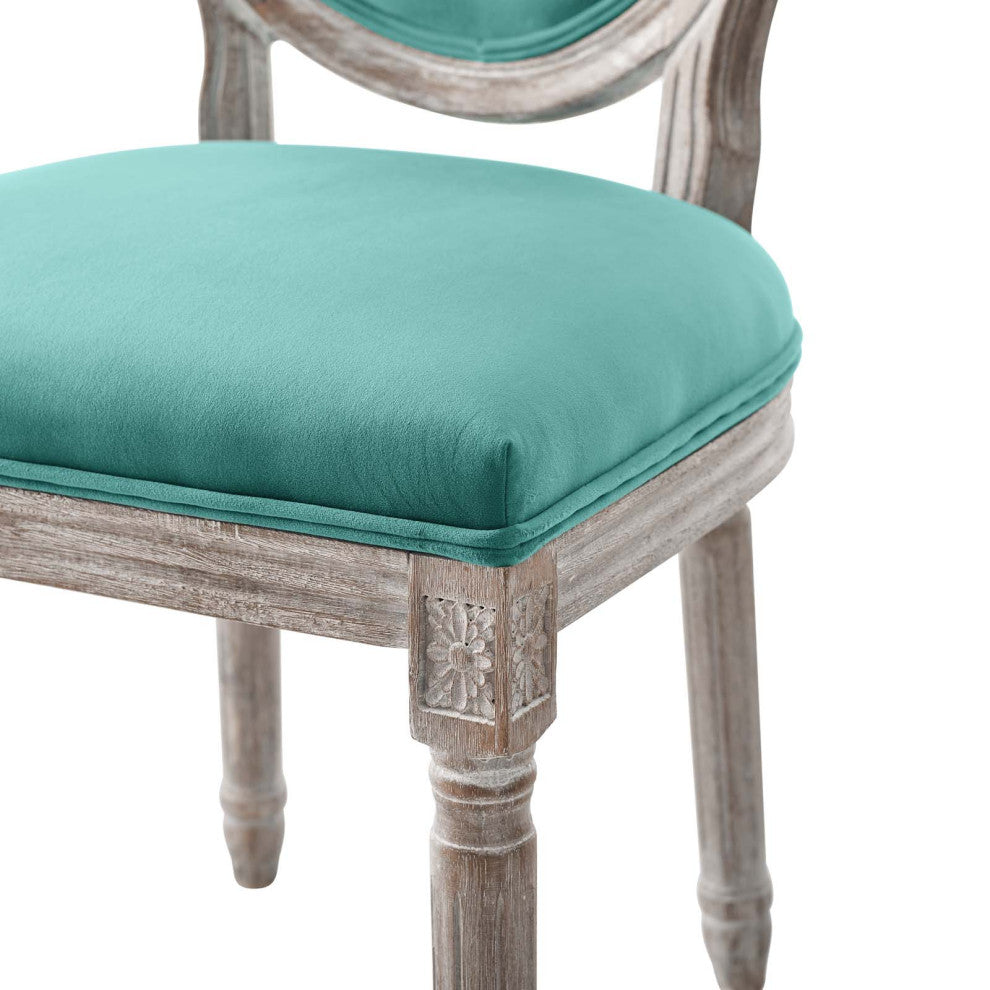 French Vintage Side Dining Chair, Velvet, Wood, Brown Natural Blue, Modern