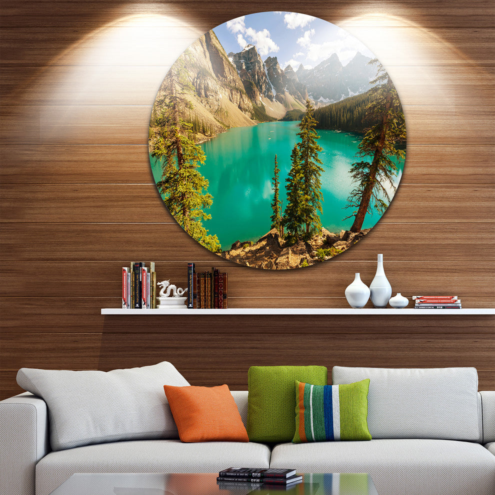 Moraine Lake In Banff National Park, Landscape Round Metal Artwork, 23"