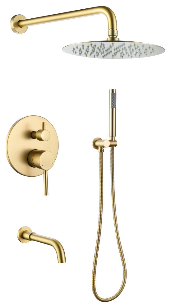Tub Shower Faucet Set Complete Rain Shower System with Tub Spout, Brushed Gold