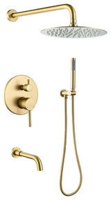 Tub Shower Faucet Set Complete Rain Shower System with Tub Spout, Brushed Gold