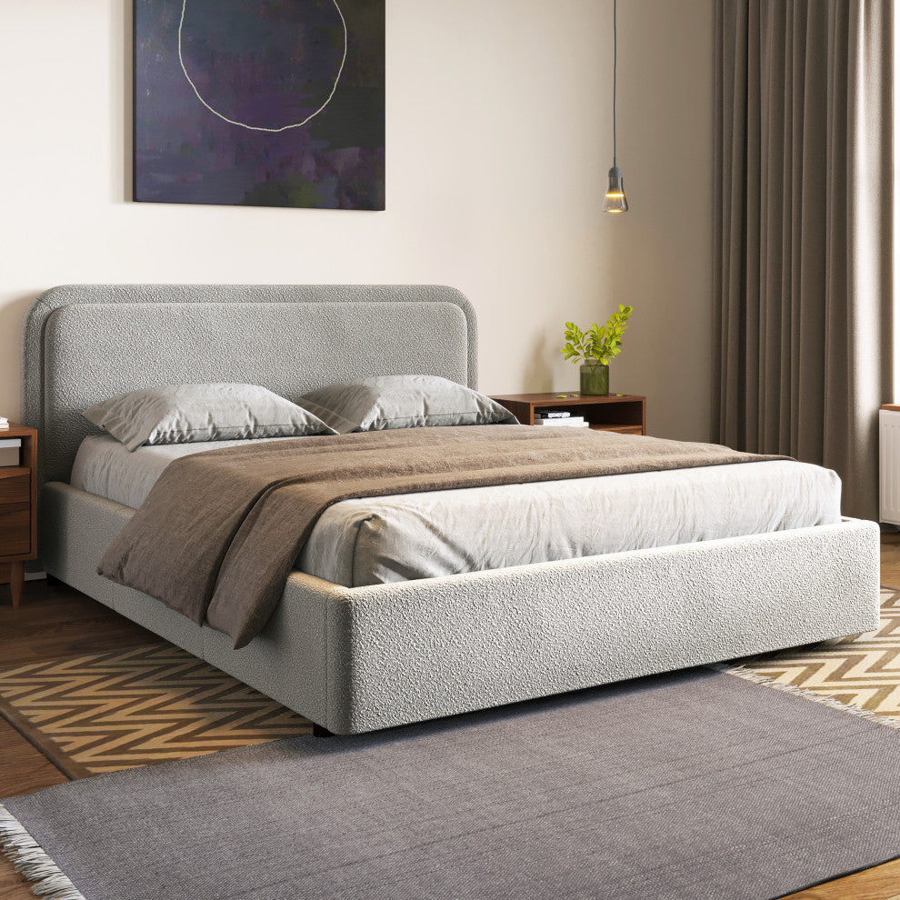Omax Decor Chloe Modern Fabric Upholstered Platform Bed, Grey Boucle, Queen