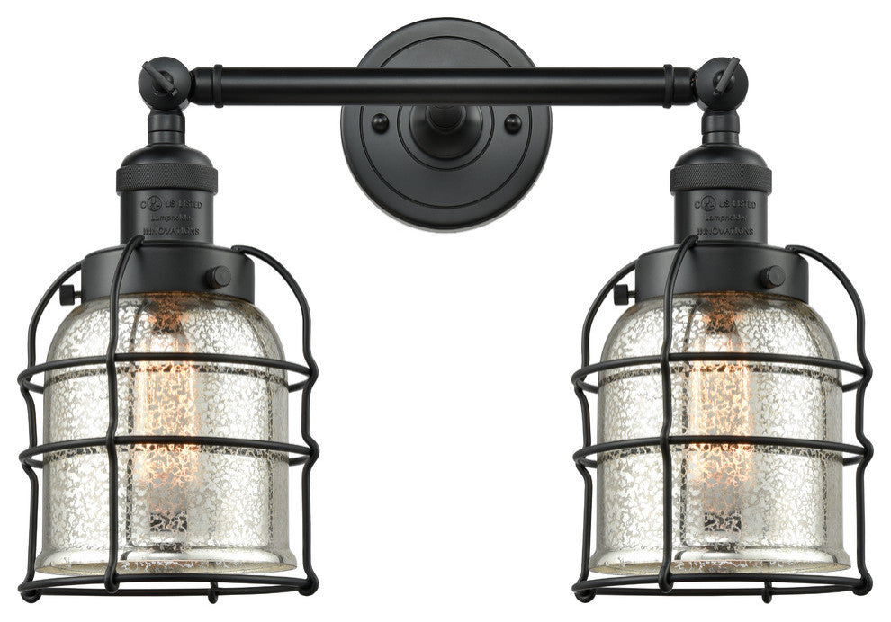 2-Light Small Bell Cage 18" Bath Fixture, Matte Black, Glass: Silver Mercury