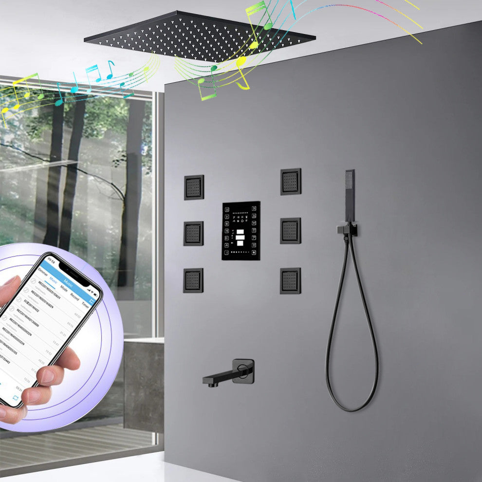 Remote Controlled Musical Matte Black Ceiling Shower System and 6 Body Jets