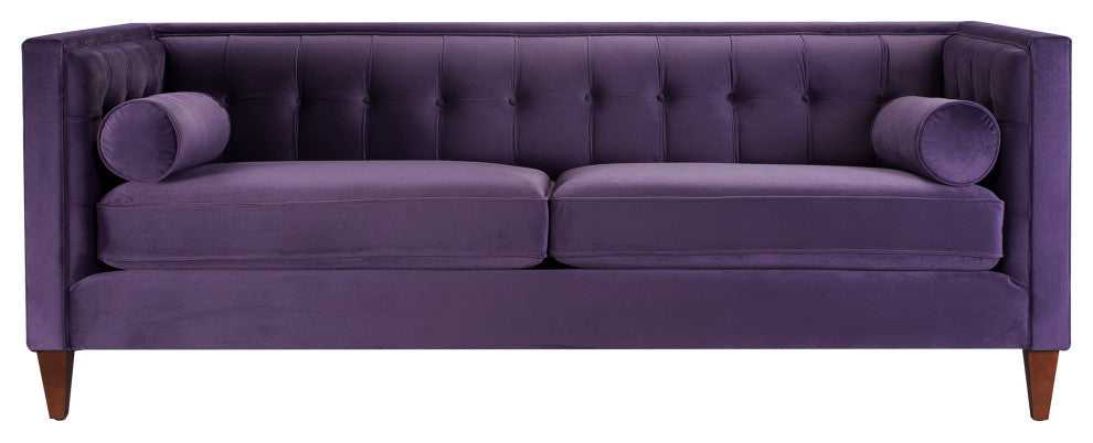 Jack 84" Modern Tuxedo Sofa With Bolster Pillows, Purple Velvet
