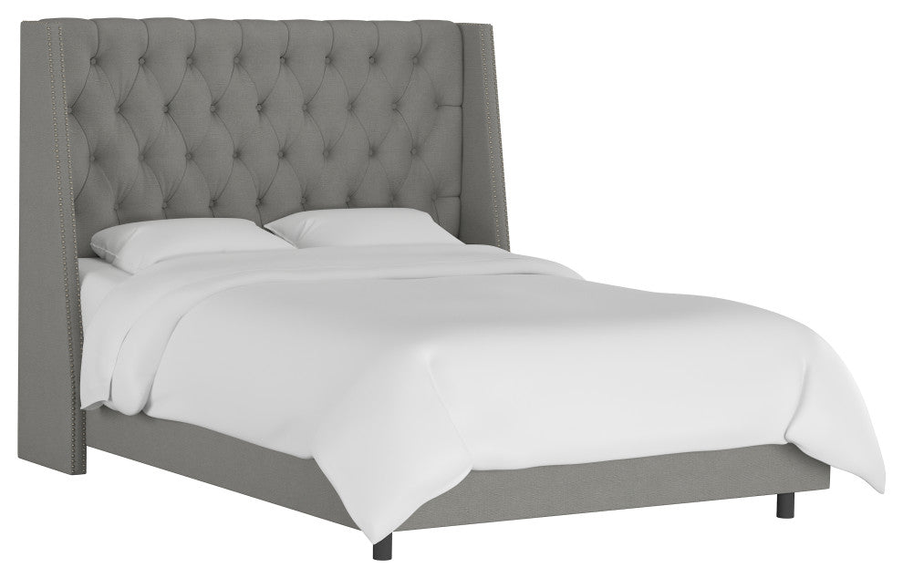Williams Full Nail Button Wingback Bed, Linen Gray