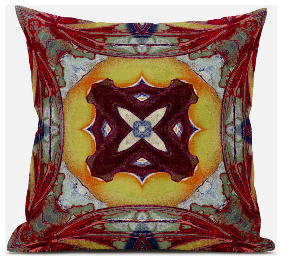 18" Red Yellow Geo Tribal Suede Throw Pillow
