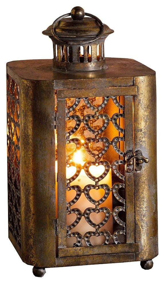Metal Hanging Candle Lantern With Heart Pattern, Bronze