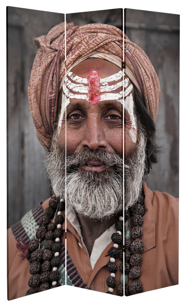 6' Tall Double Sided Hindu Sadhu Canvas Room Divider