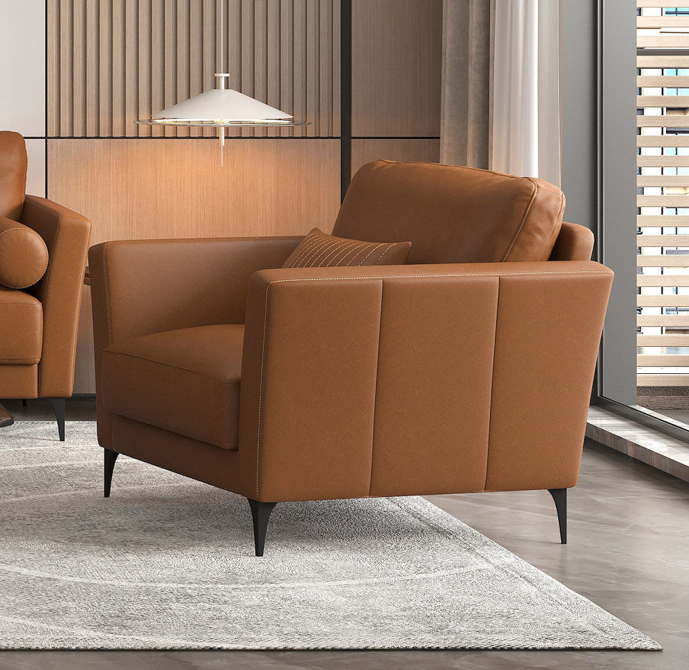 Leather Upholstered Chair With Pillow, Saddle Tan Finish