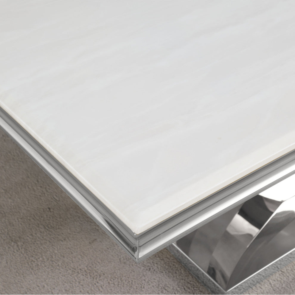 Trinidad White Rectangular Stone Console Table, Silver