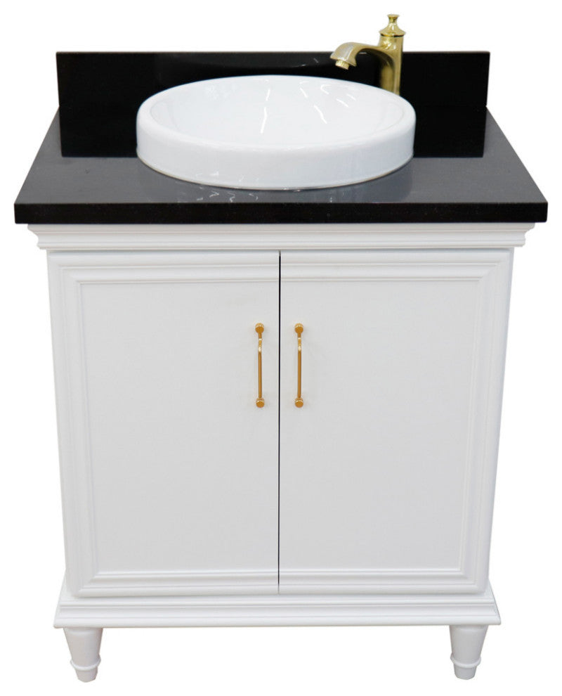 31" Single Vanity, White Finish With Black Galaxy And Round Sink