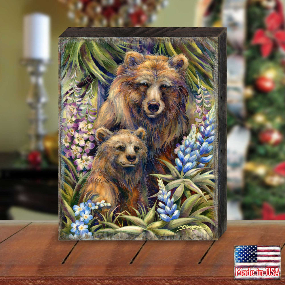 Grin and Bear it Grizzly Mother and Cub Wooden Wall Art, Small 12x9