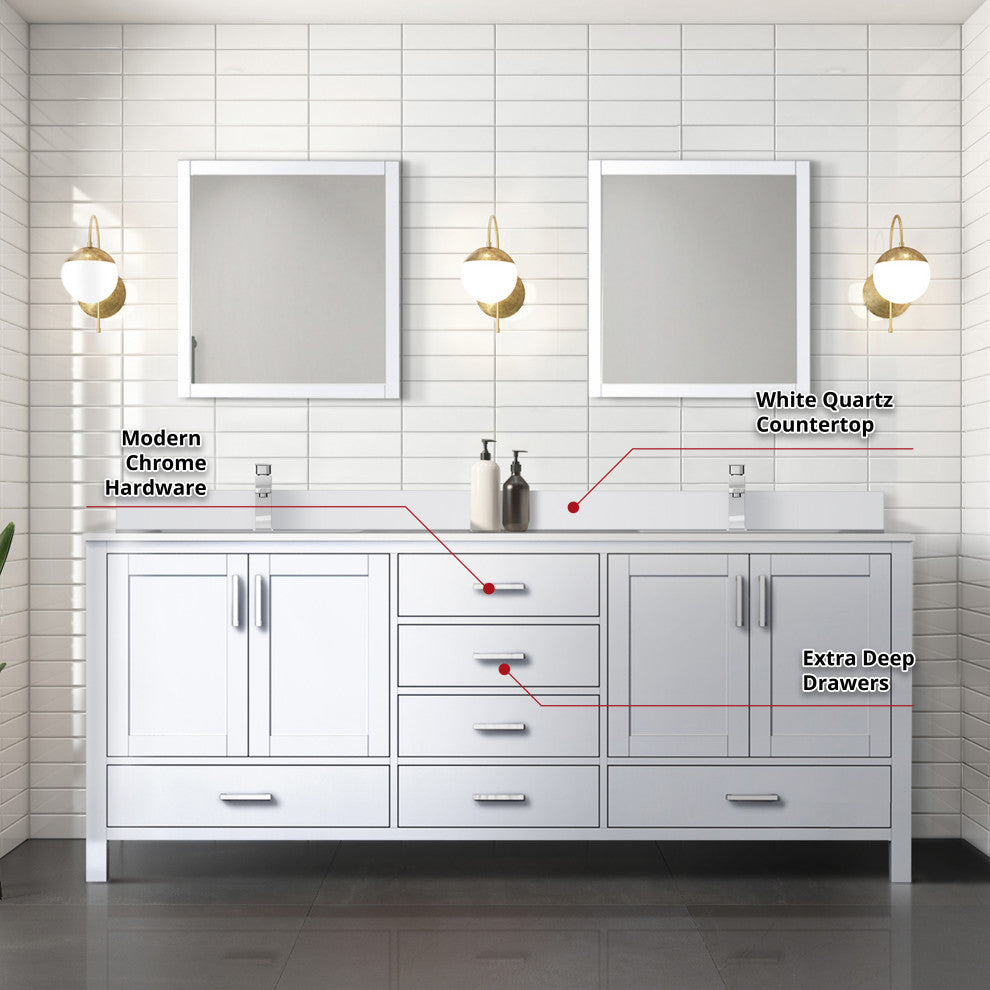 Jacques 80" White Double Sink Vanity with Quartz Top, With Faucet and Mirror