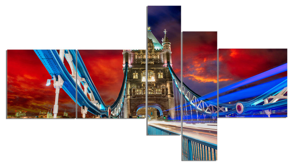 Storm Over Tower Bridge at Night, Cityscape Photo Canvas Art, 60"x32", 5 panels