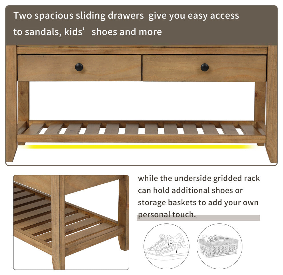 TATEUS 39" Entryway Storage Bench With Shoe Rack and Cushioned Seat, Old Pine