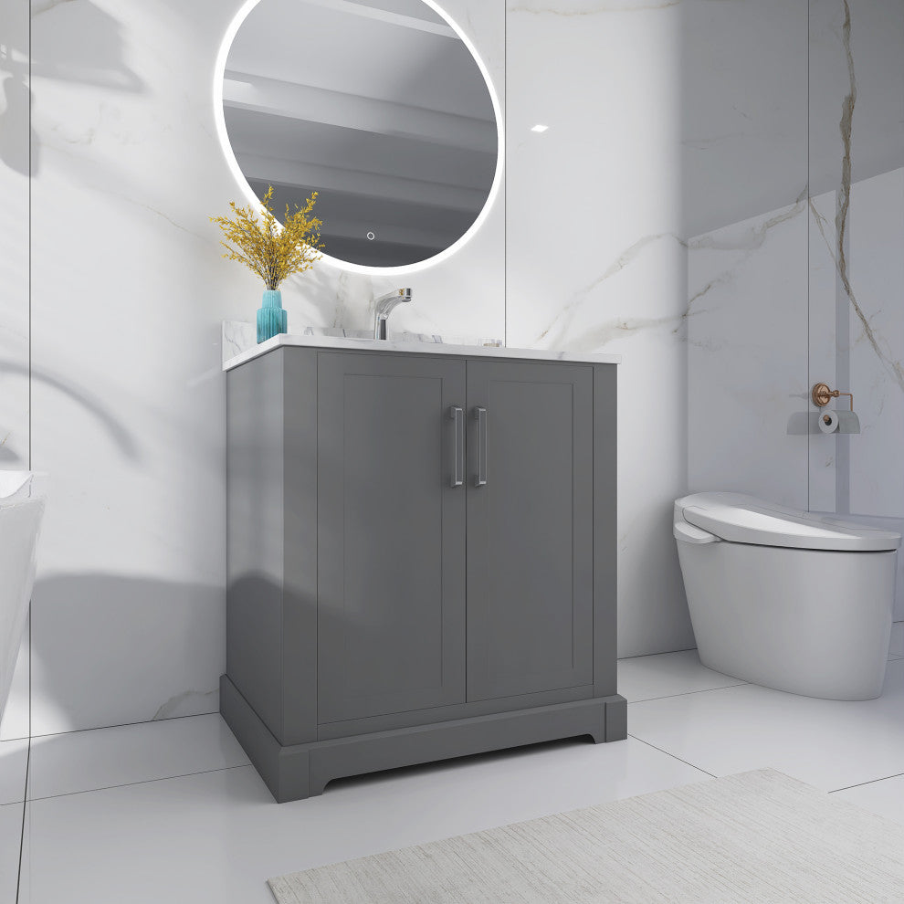 30" W x 22" D x 33" H Bath Vanity, Grey With Carrara White Marble