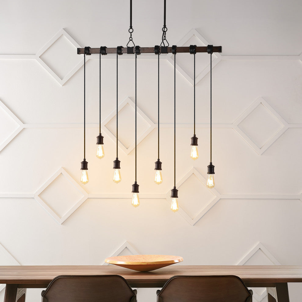 40" 8-Light Driftwood Iron LED Linear Chandelier With Height Adjustable Bulbs