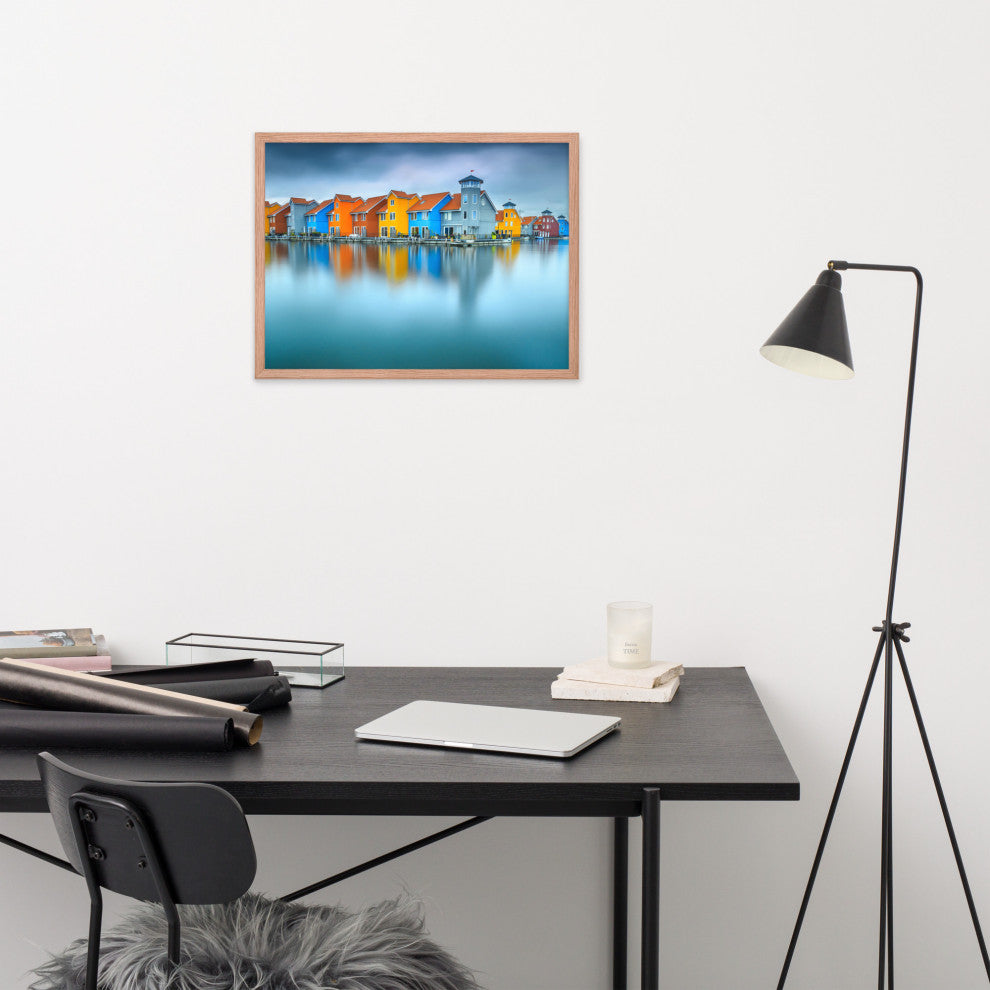 Blue Morning at Waters Edge Landscape Framed Photo Paper Wall Art Prints, Red Oak, 18" X 24"