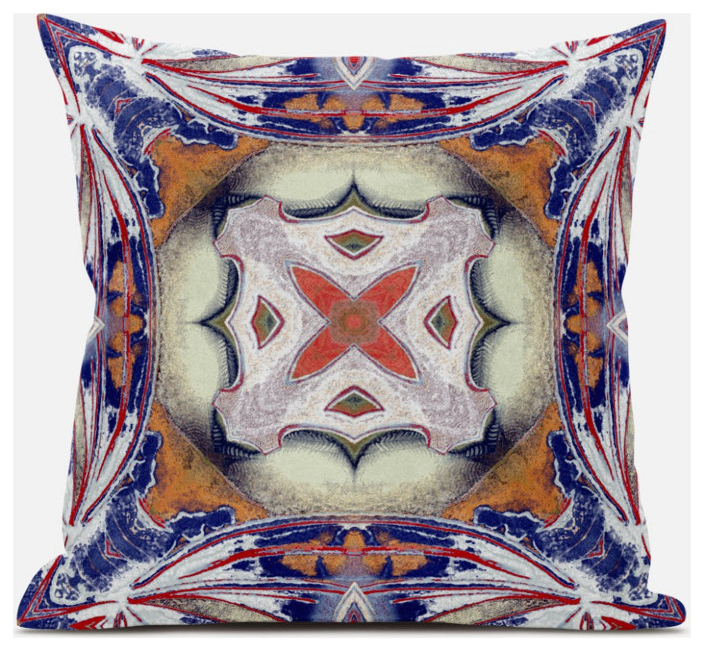 16" Pale Orange Blue Geo Tribal Suede Throw Pillow