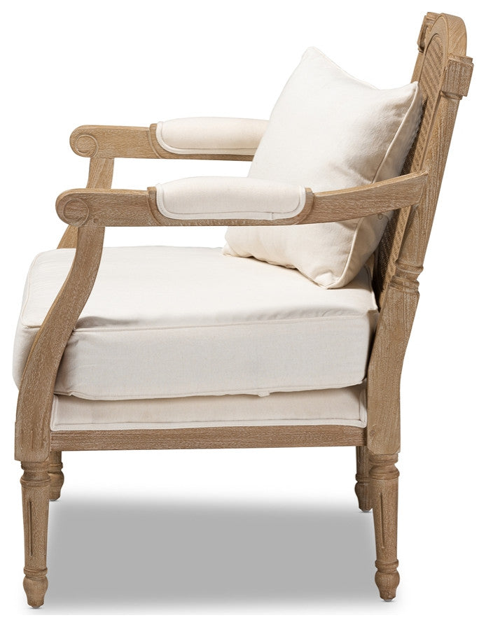 French Provincial Ivory Fabric Upholstered Whitewashed Wood Armchair
