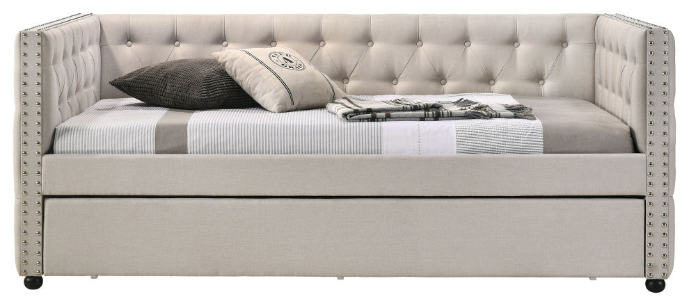 Romona Daybed and Trundle, Beige Fabric, Full