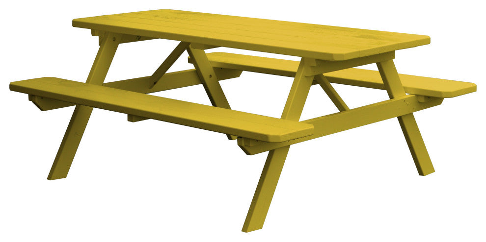 Pine Picnic Table with Attached Benches, Canary Yellow, 8 Foot
