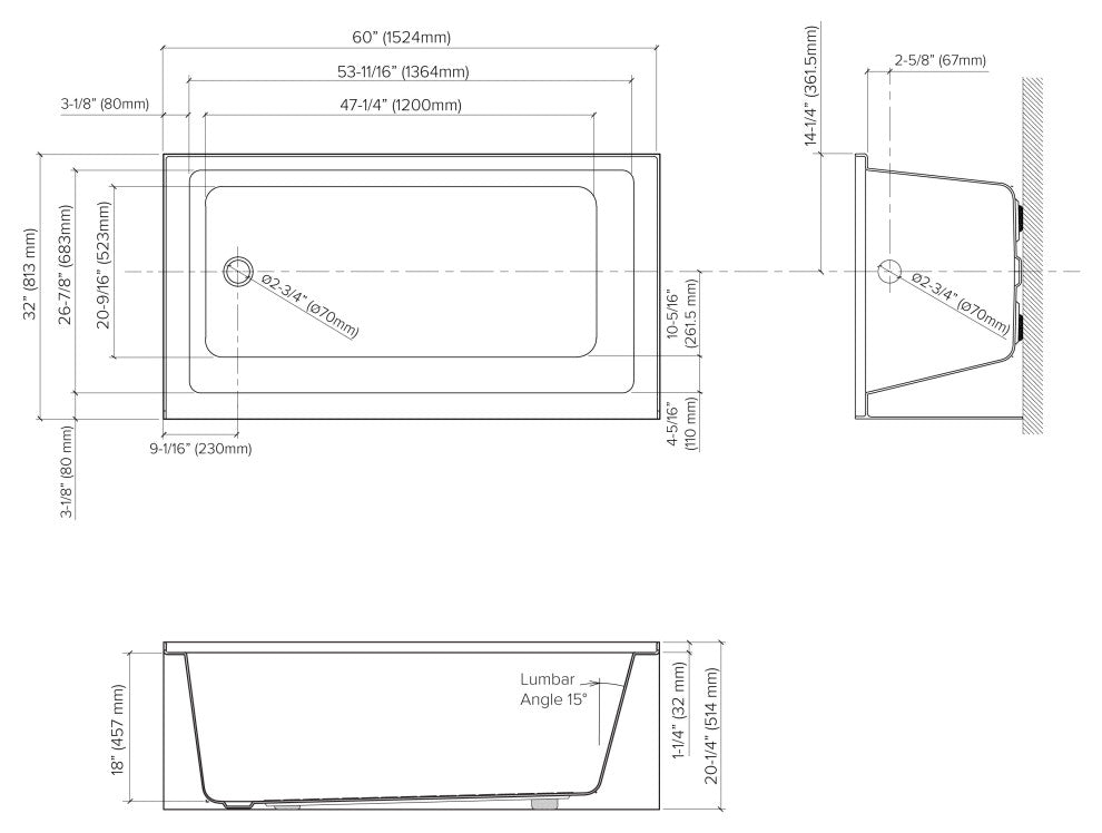 Transolid UATTR603220-L Ursula 60x32x20 Alcove Acrylic Tub, Left