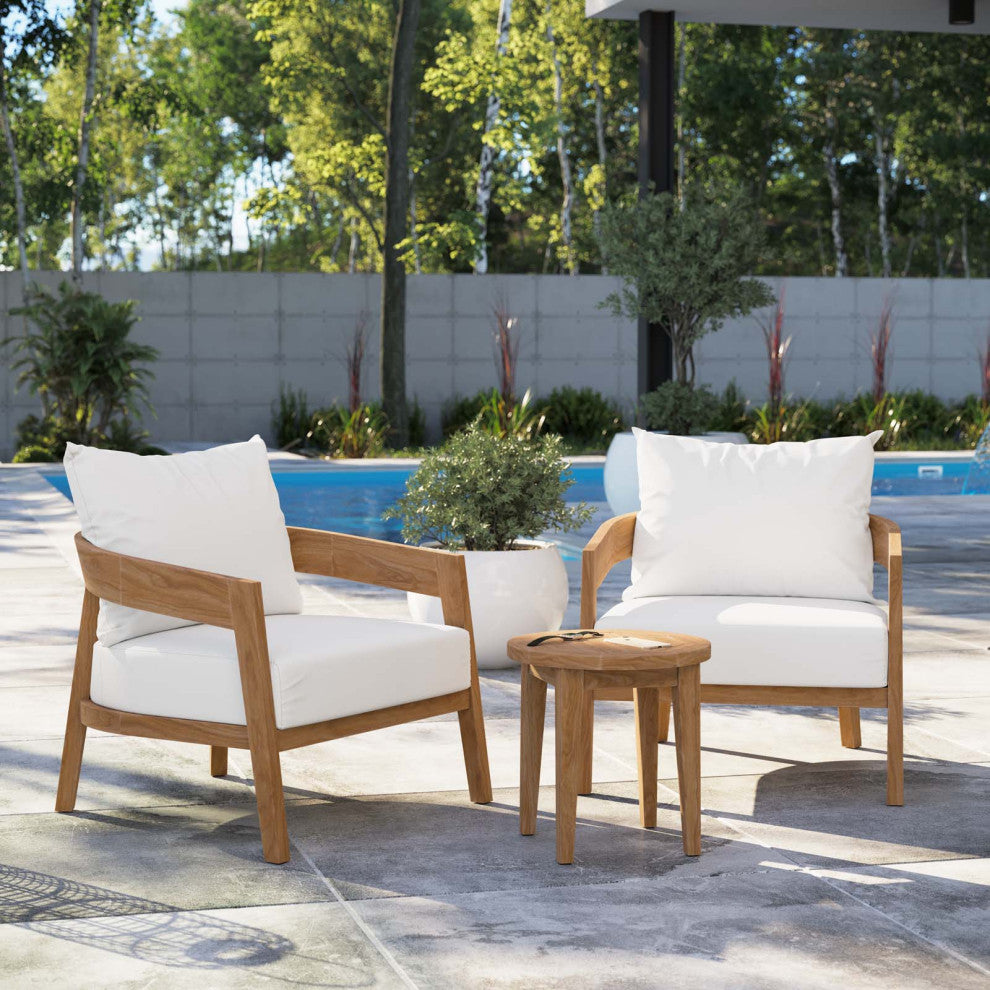 Lounge Chair Table Set, White Natural, Teak Wood, Modern, Outdoor Hospitality