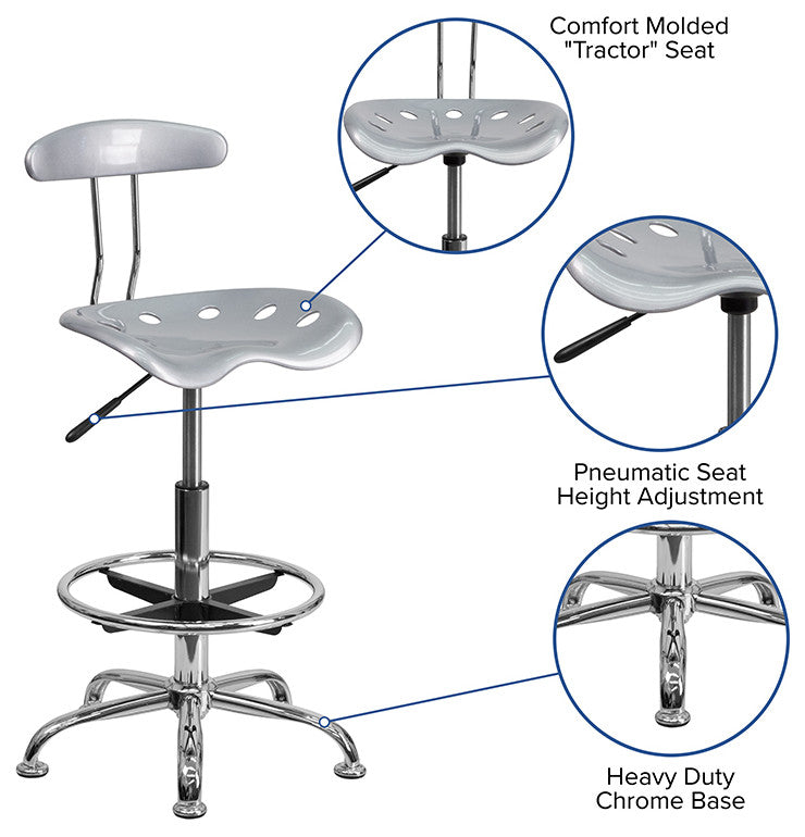 Vibrant Silver and Chrome Drafting Stool With Tractor Seat