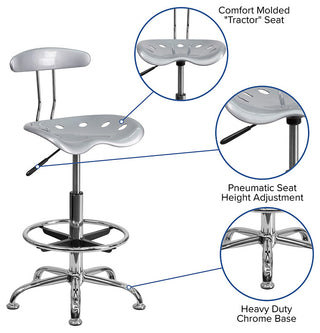 Vibrant Silver and Chrome Drafting Stool With Tractor Seat