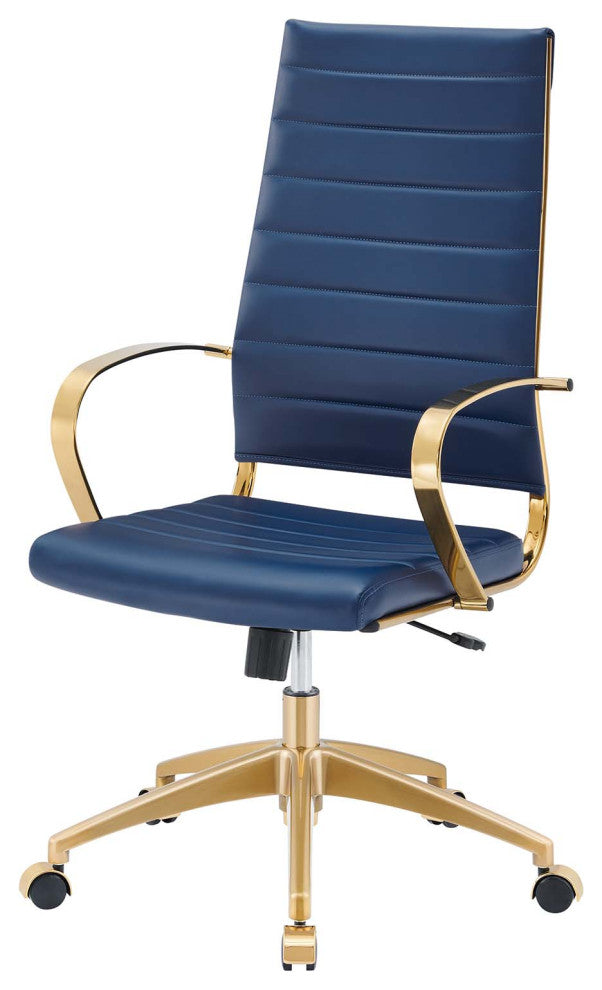 Computer Work Desk High Back Chair, Navy Gold, Faux Vinyl Leather, Home Office