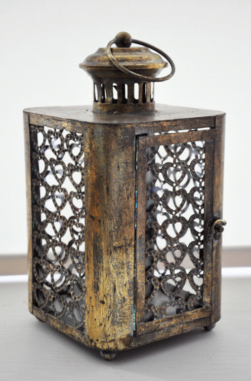 Metal Hanging Candle Lantern With Heart Pattern, Bronze