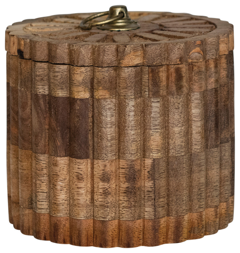 5.75" Round Carved Mango Wood Pleated Box, Lid, Metal Pull, Antique Gold