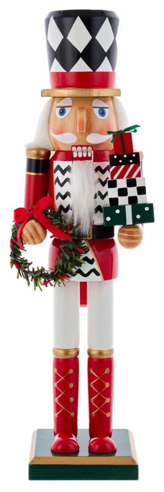 Kurt Adler 15" Red, White and Black Nutcracker With Gift Box and Wreath